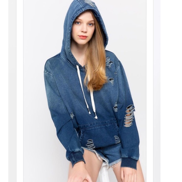 Oatmeal Distressed Hoodie pullover - Picture 6 of 8